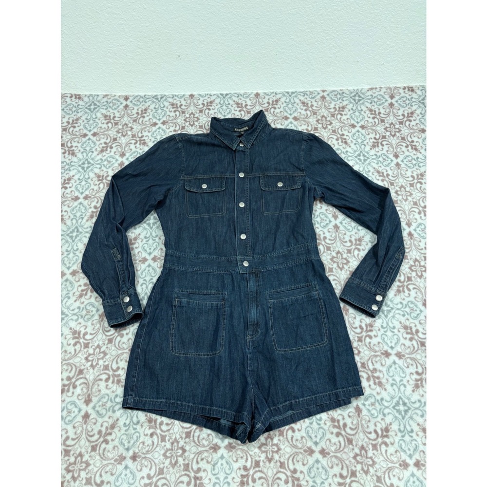 Express Denim Romper Womens Medium Dark Wash Long Sleeve Utility Button Front